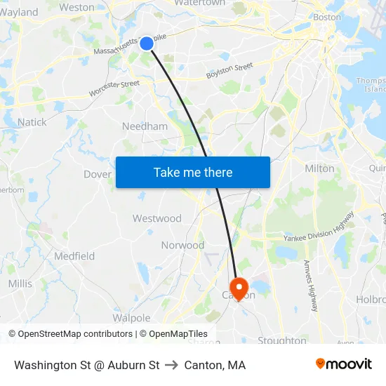 Washington St @ Auburn St to Canton, MA map