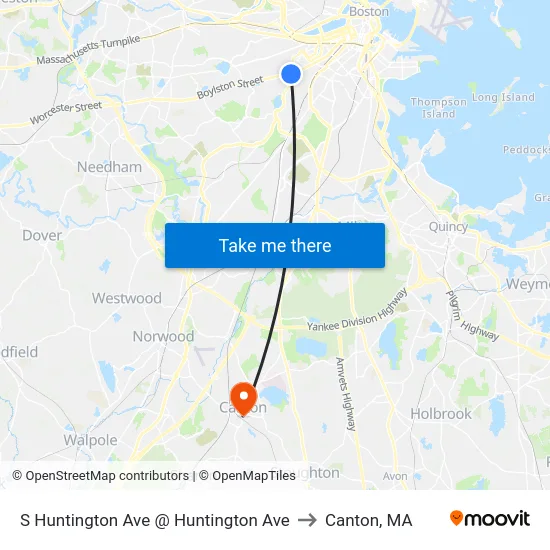 S Huntington Ave @ Huntington Ave to Canton, MA map