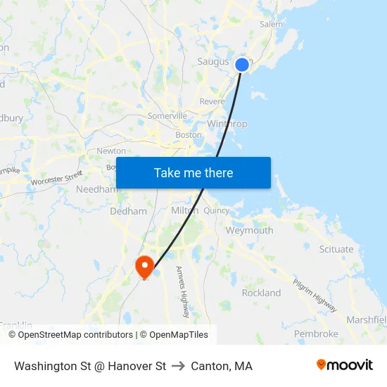 Washington St @ Hanover St to Canton, MA map