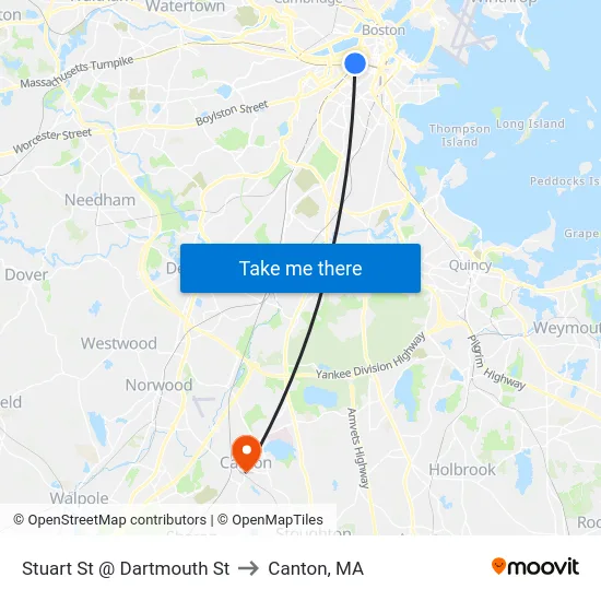 Stuart St @ Dartmouth St to Canton, MA map