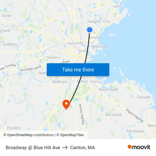 Broadway @ Blue Hill Ave to Canton, MA map