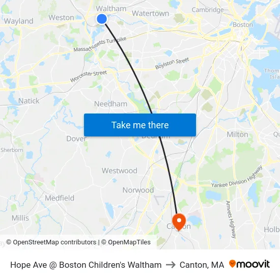 Hope Ave @ Boston Children's Waltham to Canton, MA map