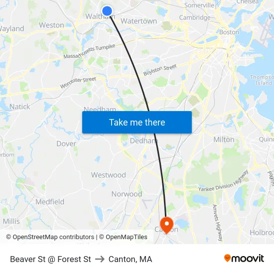 Beaver St @ Forest St to Canton, MA map