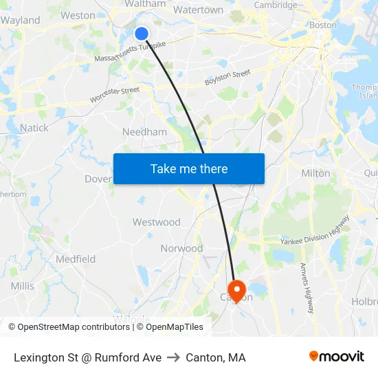 Lexington St @ Rumford Ave to Canton, MA map