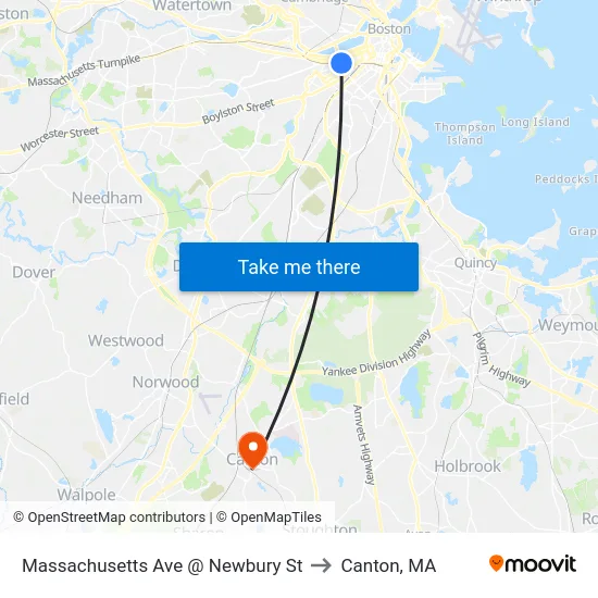Massachusetts Ave @ Newbury St to Canton, MA map