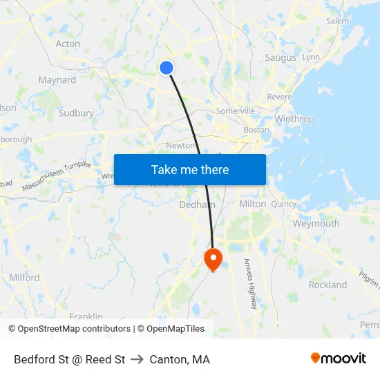 Bedford St @ Reed St to Canton, MA map