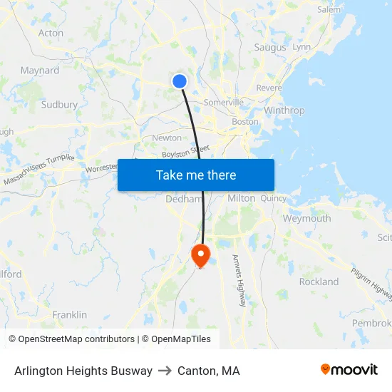 Arlington Heights Busway to Canton, MA map