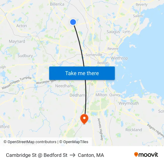 Cambridge St @ Bedford St to Canton, MA map