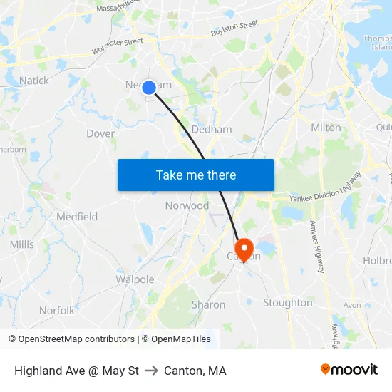 Highland Ave @ May St to Canton, MA map