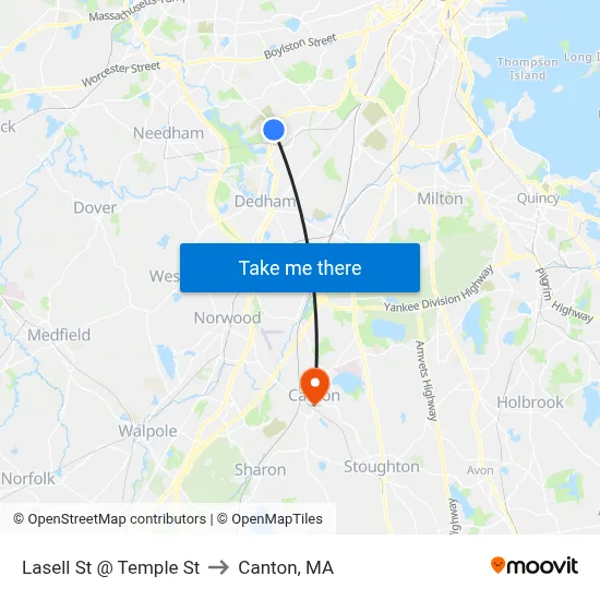 Lasell St @ Temple St to Canton, MA map