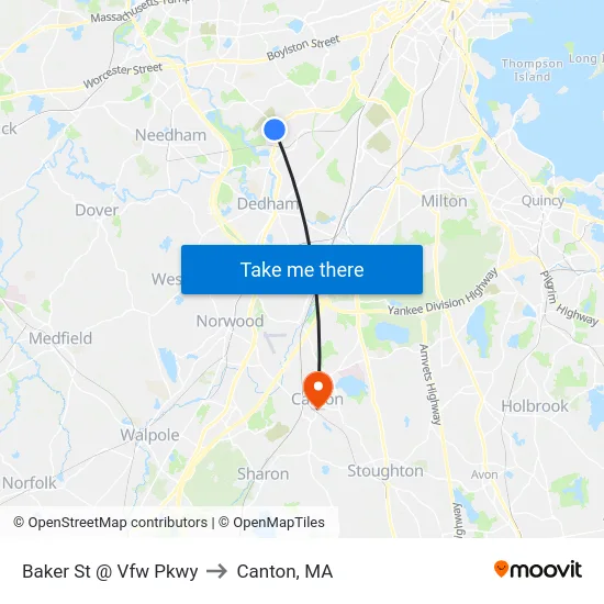 Baker St @ Vfw Pkwy to Canton, MA map