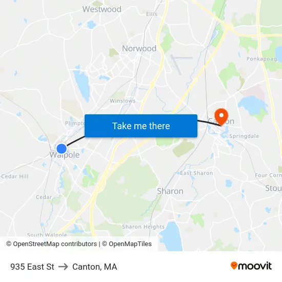 935 East St to Canton, MA map