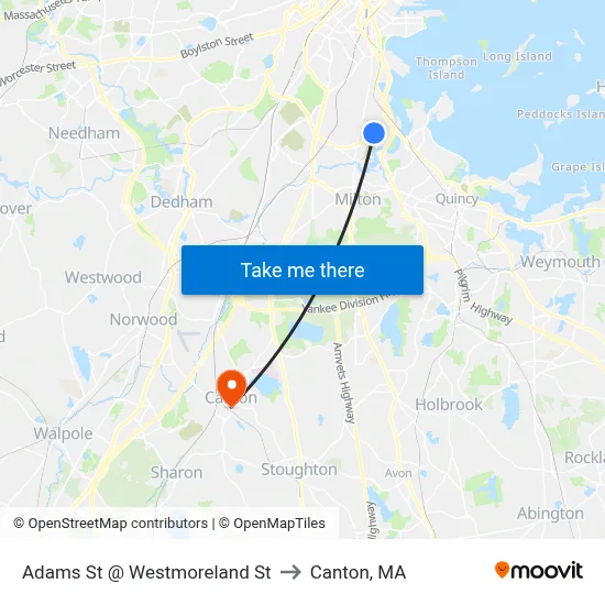 Adams St @ Westmoreland St to Canton, MA map