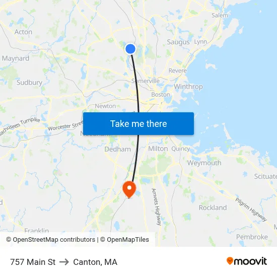 757 Main St to Canton, MA map