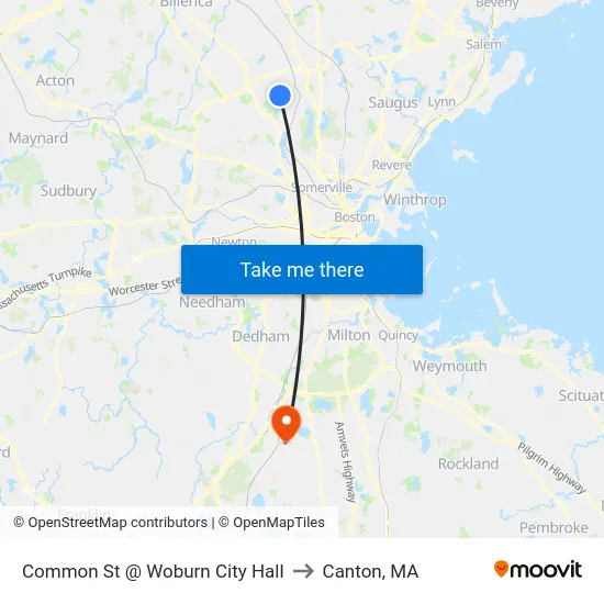 Common St @ Woburn City Hall to Canton, MA map