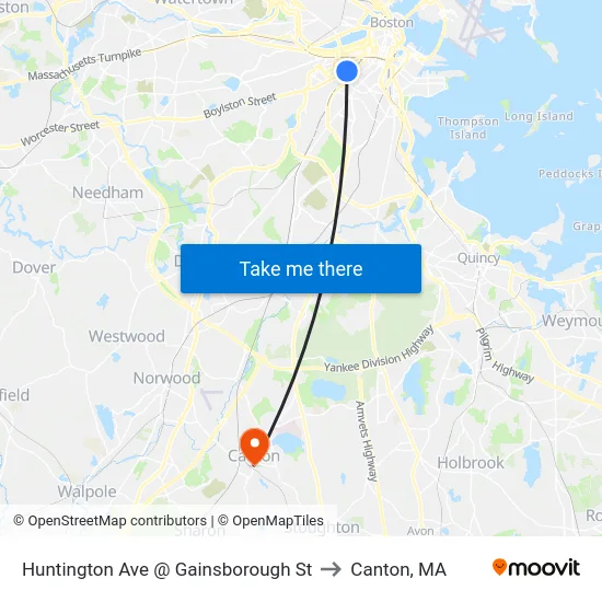 Huntington Ave @ Gainsborough St to Canton, MA map