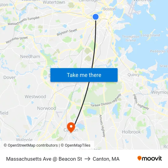 Massachusetts Ave @ Beacon St to Canton, MA map