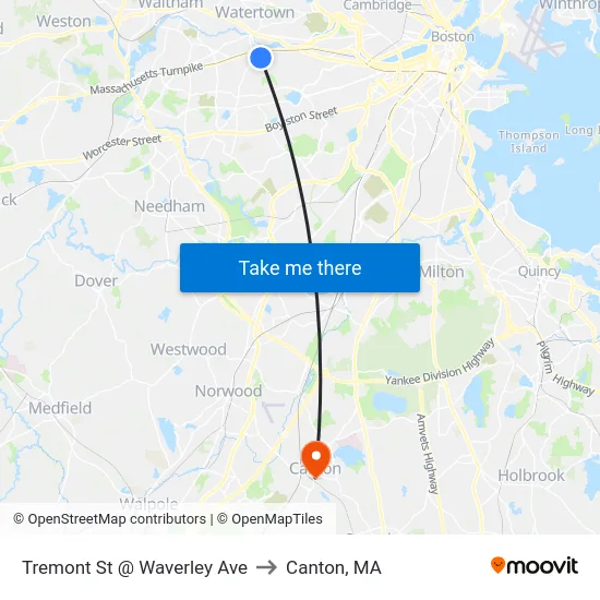 Tremont St @ Waverley Ave to Canton, MA map