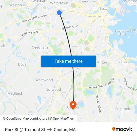 Park St @ Tremont St to Canton, MA map