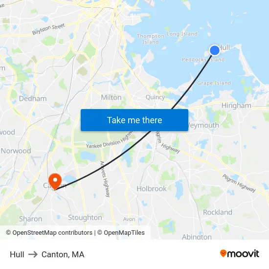 Hull to Canton, MA map