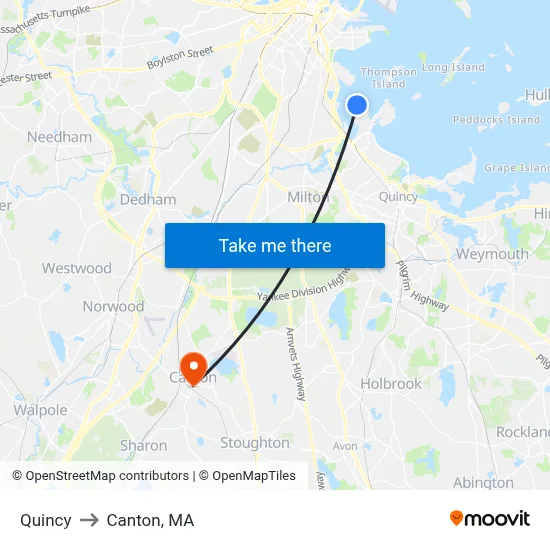 Quincy to Canton, MA map