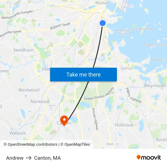Andrew to Canton, MA map