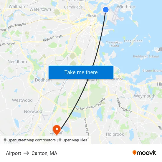 Airport to Canton, MA map