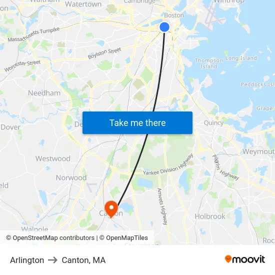 Arlington to Canton, MA map