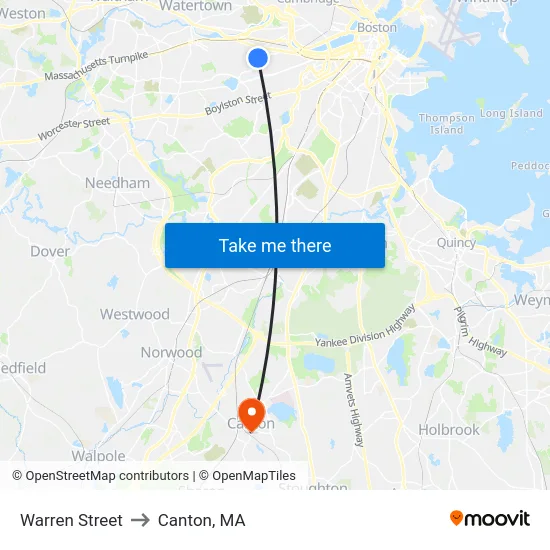 Warren Street to Canton, MA map