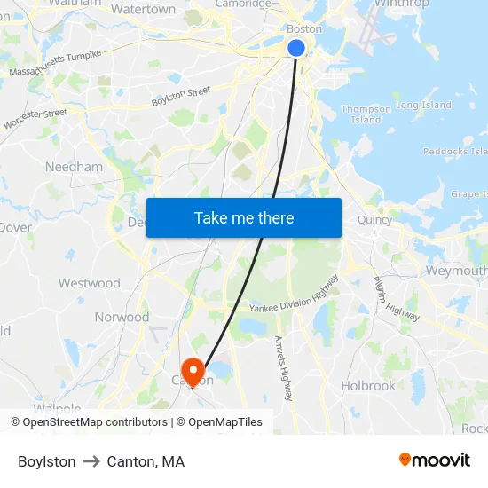 Boylston to Canton, MA map