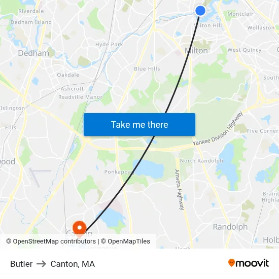 Butler to Canton, MA map