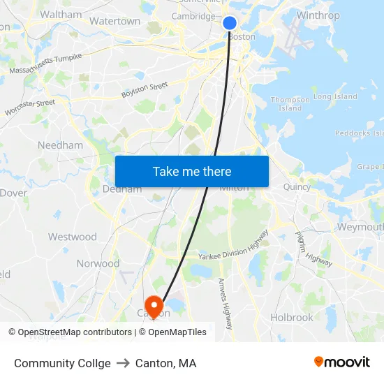 Community Collge to Canton, MA map