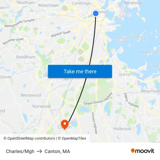 Charles/Mgh to Canton, MA map