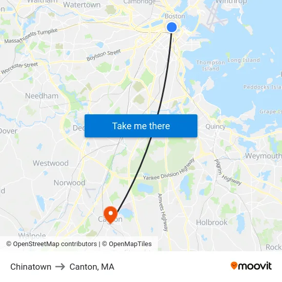 Chinatown to Canton, MA map