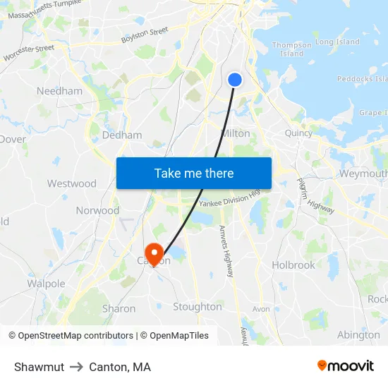 Shawmut to Canton, MA map