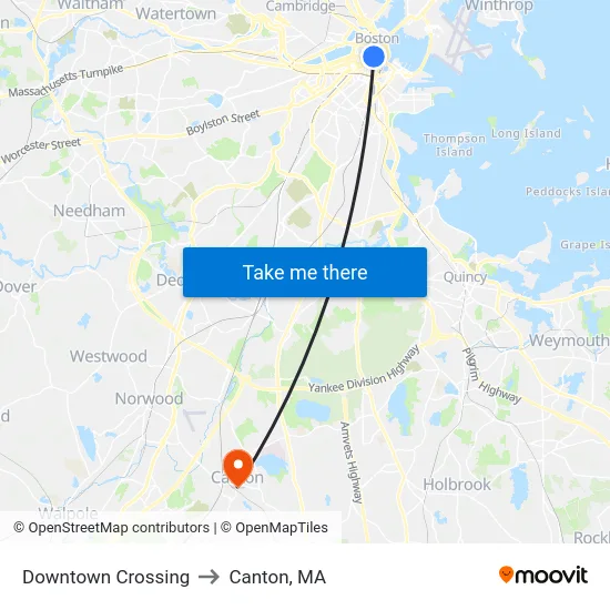 Downtown Crossing to Canton, MA map