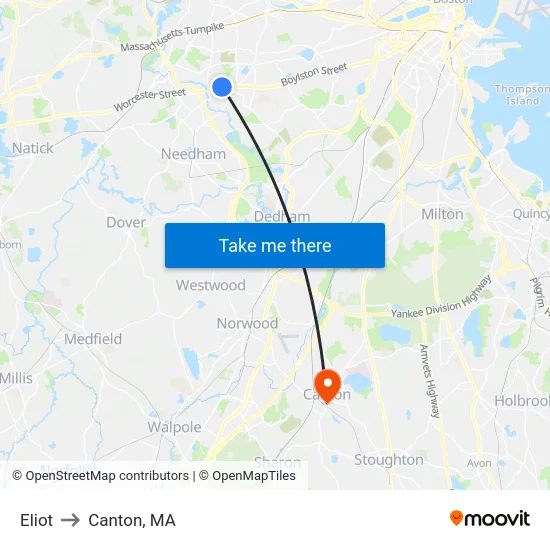 Eliot to Canton, MA map