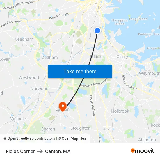 Fields Corner to Canton, MA map