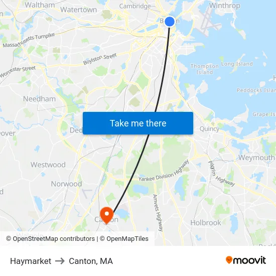 Haymarket to Canton, MA map