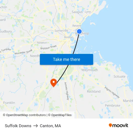 Suffolk Downs to Canton, MA map