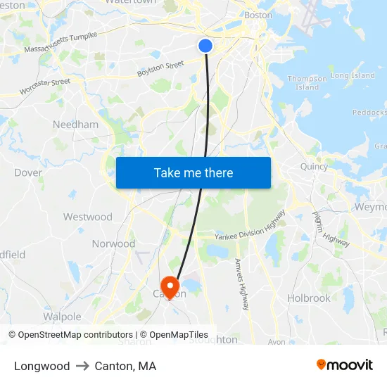 Longwood to Canton, MA map