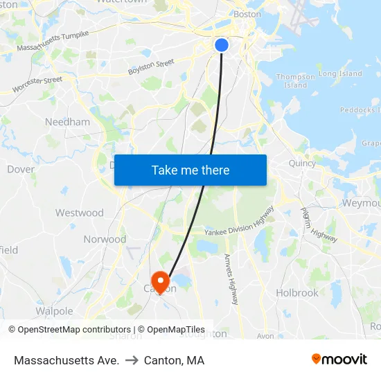 Massachusetts Ave. to Canton, MA map