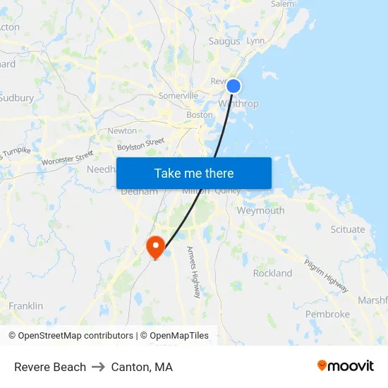 Revere Beach to Canton, MA map