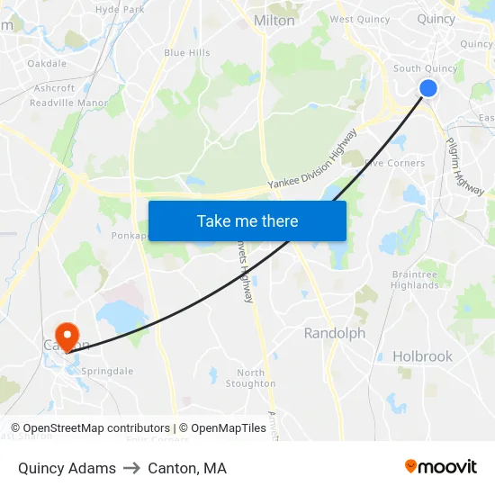 Quincy Adams to Canton, MA map