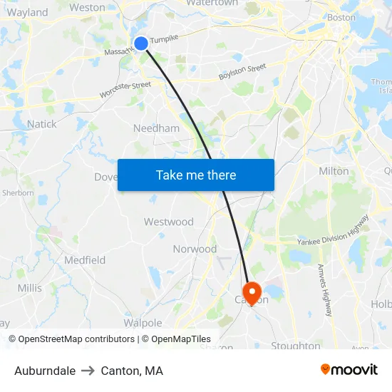 Auburndale to Canton, MA map