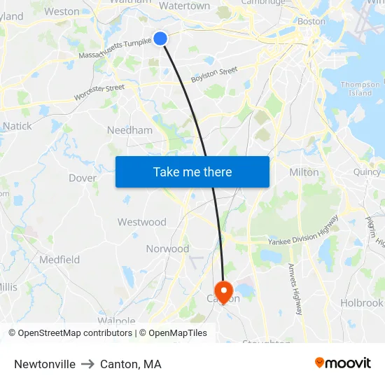 Newtonville to Canton, MA map