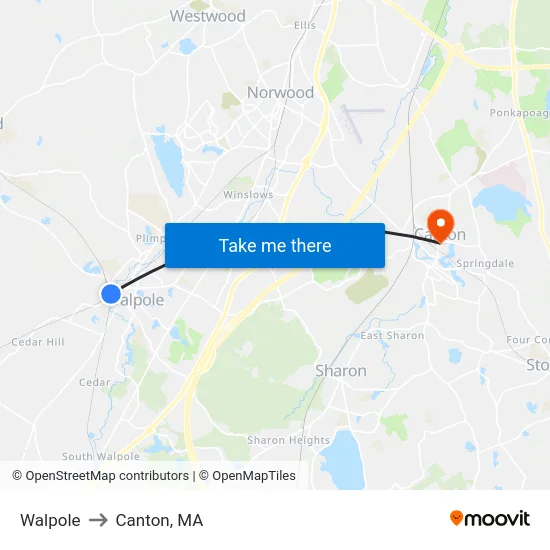 Walpole to Canton, MA map