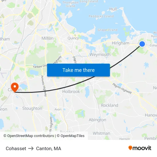 Cohasset to Canton, MA map