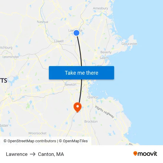 Lawrence to Canton, MA map