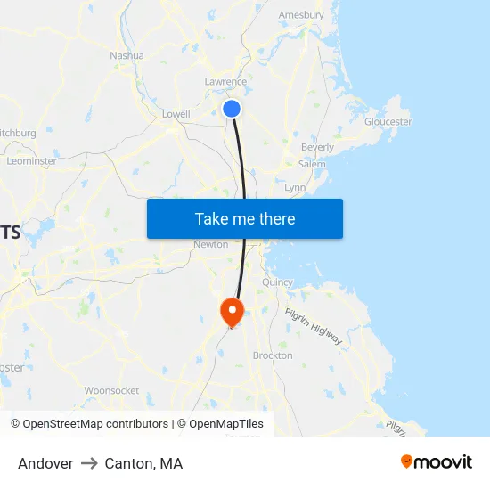 Andover to Canton, MA map